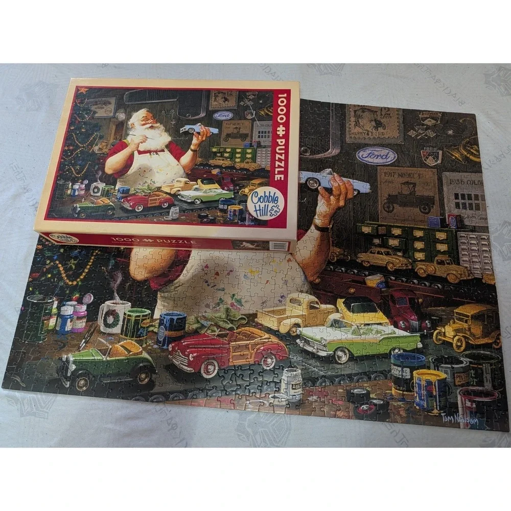 Cobble Hill Santa Painting Cars Jigsaw Puzzle 1000 Pcs Complete Tom Newsom